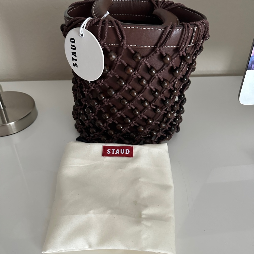 Staud beaded woven bucket bag brown